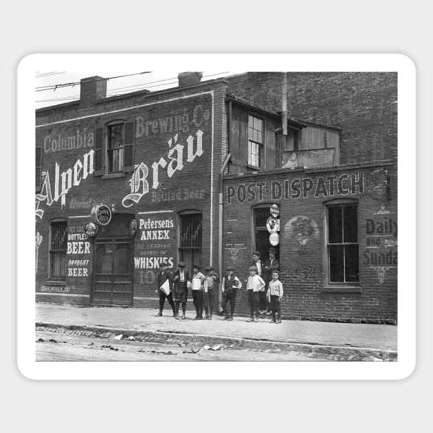 Newsboys Outside a Saloon, 1910. Vintage Photo Sticker by historyphoto